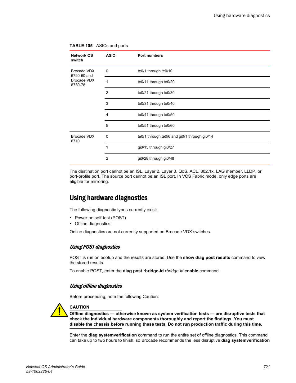 Using hardware diagnostics, Using post diagnostics, Using offline diagnostics | Brocade Network OS Administrator’s Guide v4.1.1 User Manual | Page 721 / 748