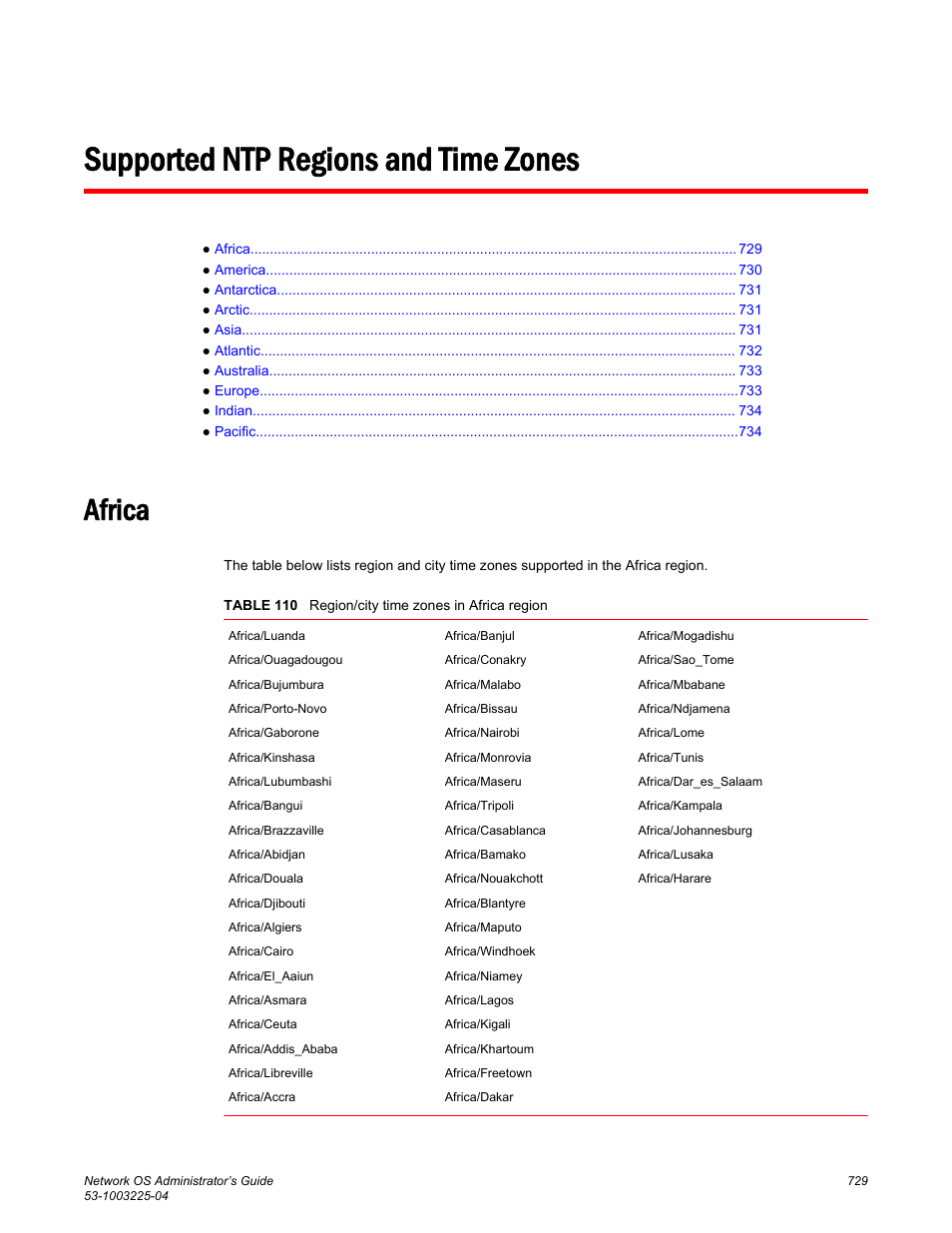 Supported ntp regions and time zones, Africa | Brocade Network OS Administrator’s Guide v4.1.1 User Manual | Page 729 / 748
