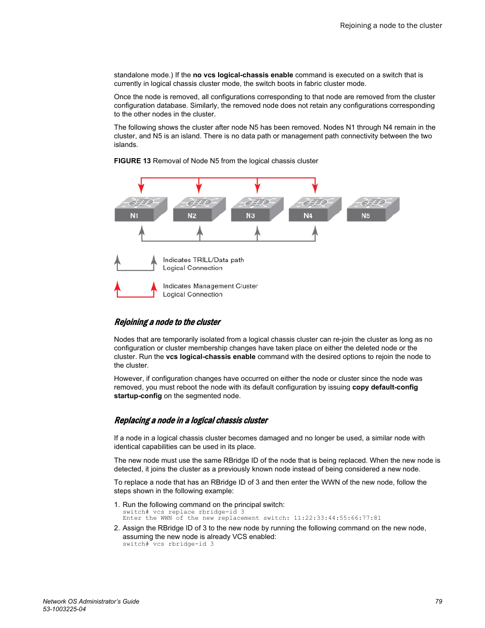 Rejoining a node to the cluster, Replacing a node in a logical chassis cluster | Brocade Network OS Administrator’s Guide v4.1.1 User Manual | Page 79 / 748