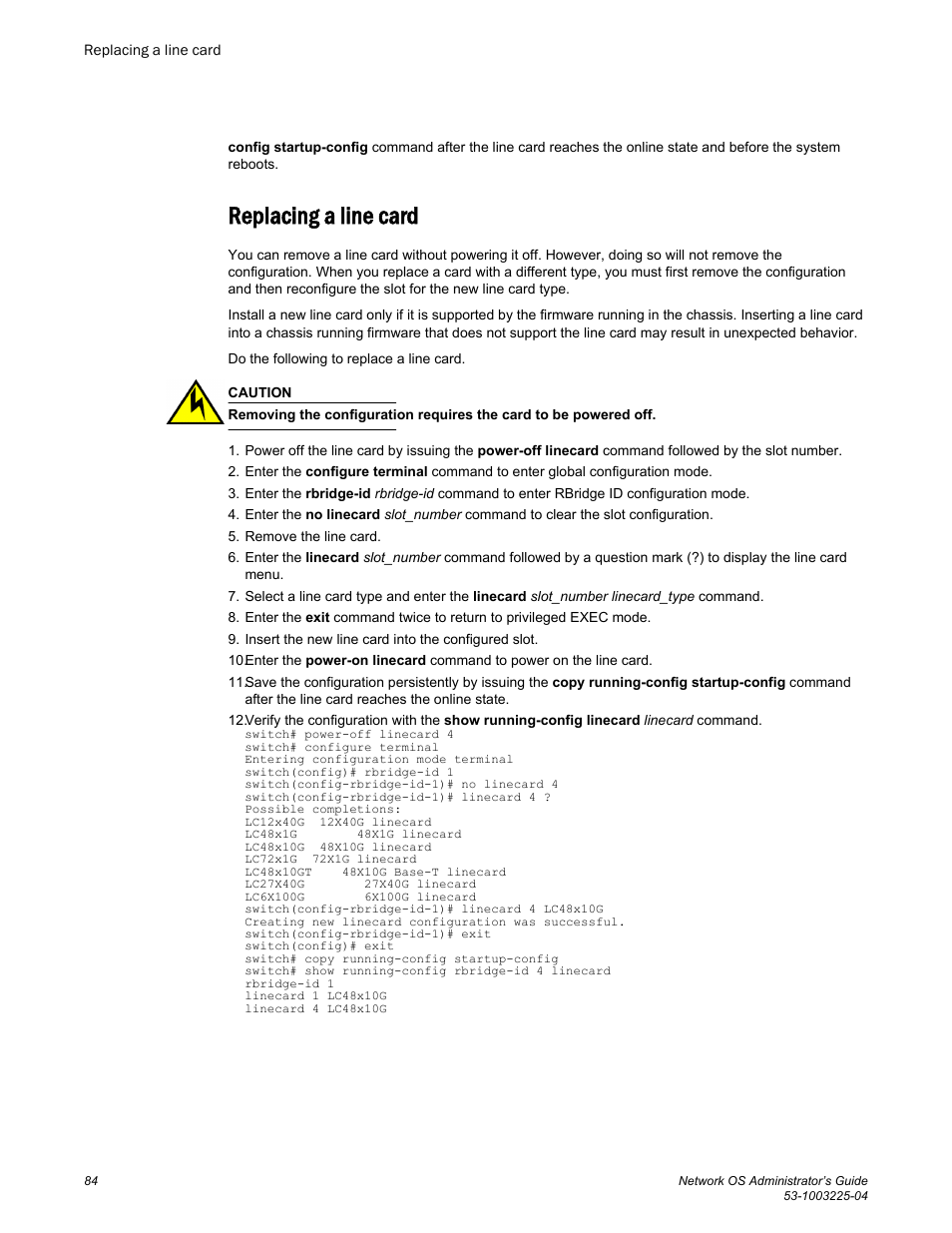 Replacing a line card | Brocade Network OS Administrator’s Guide v4.1.1 User Manual | Page 84 / 748