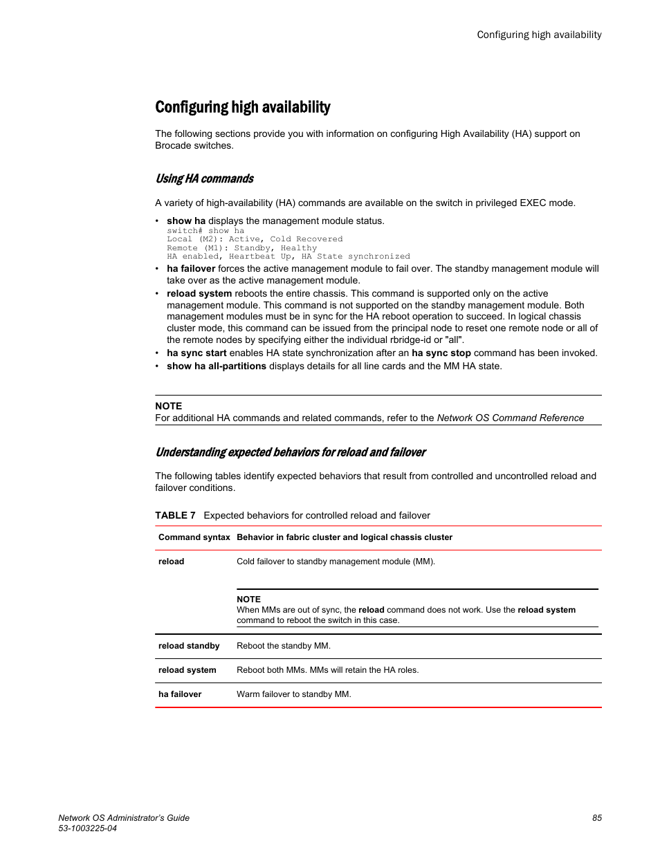 Configuring high availability, Using ha commands | Brocade Network OS Administrator’s Guide v4.1.1 User Manual | Page 85 / 748