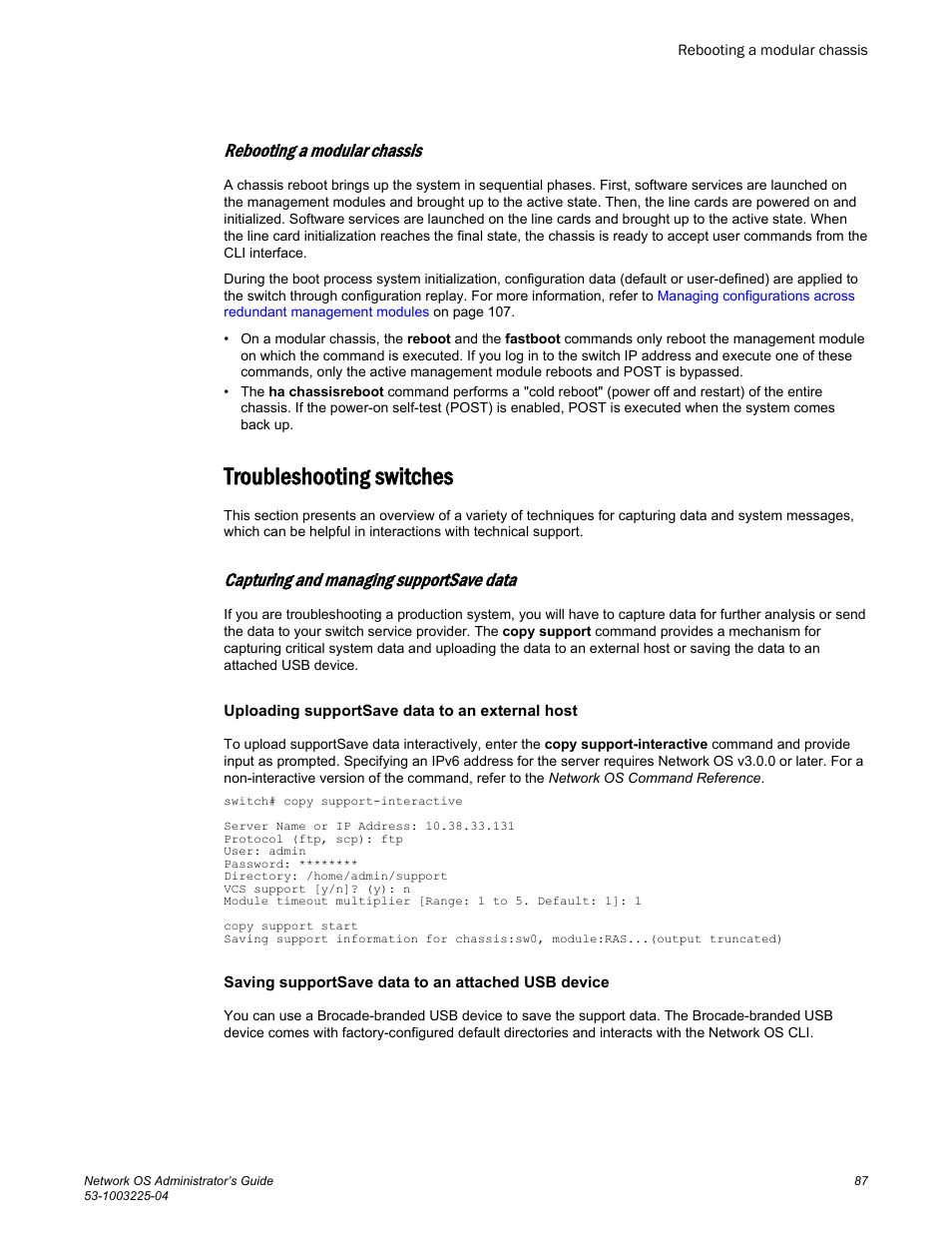Rebooting a modular chassis, Troubleshooting switches, Capturing and managing supportsave data | Uploading supportsave data to an external host, Saving supportsave data to an attached usb device | Brocade Network OS Administrator’s Guide v4.1.1 User Manual | Page 87 / 748