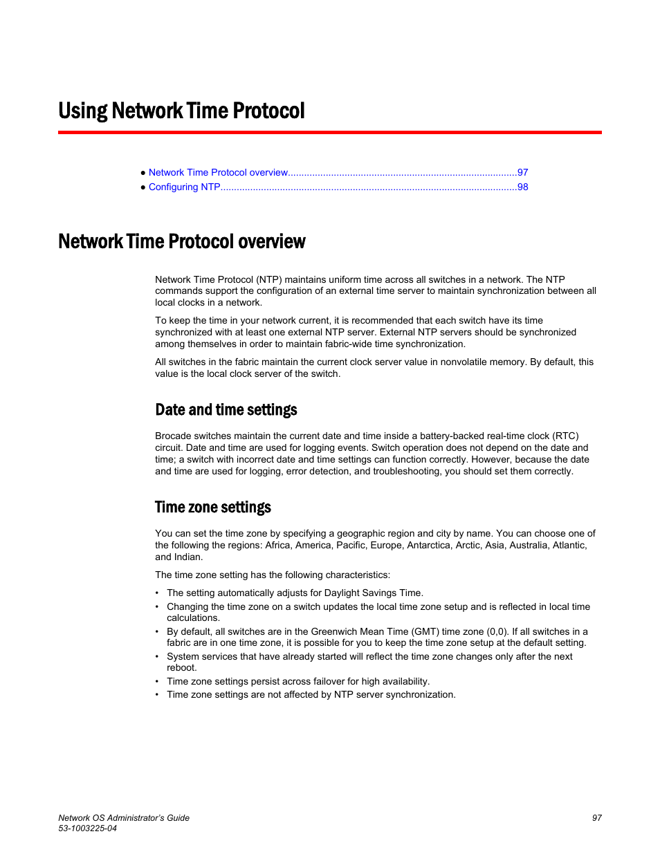 Using network time protocol, Network time protocol overview, Date and time settings | Time zone settings, Date and time settings time zone settings | Brocade Network OS Administrator’s Guide v4.1.1 User Manual | Page 97 / 748