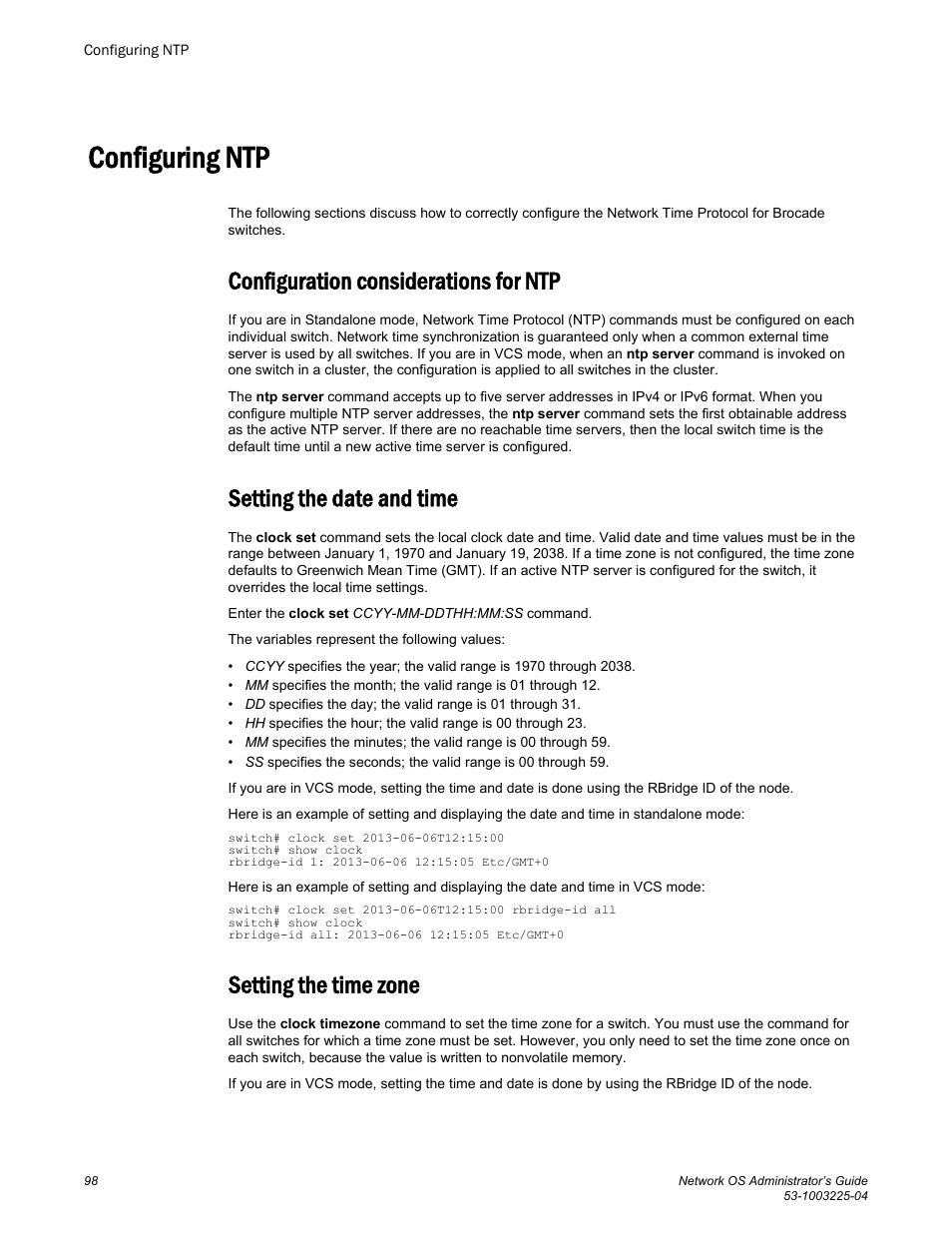 Configuring ntp, Configuration considerations for ntp, Setting the date and time | Setting the time zone | Brocade Network OS Administrator’s Guide v4.1.1 User Manual | Page 98 / 748