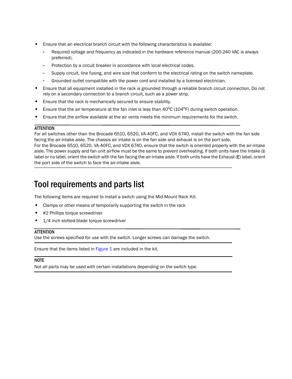 Tool requirements and parts list | Brocade Mid-Mount Rack Kit (Switch) Installation Procedure (Supporting 300, 5100, 5300, 6505, 6510, 6520, 7800, 8000, VA-40FC, VDX 6710-54, and VDX 6740) User Manual | Page 5 / 10