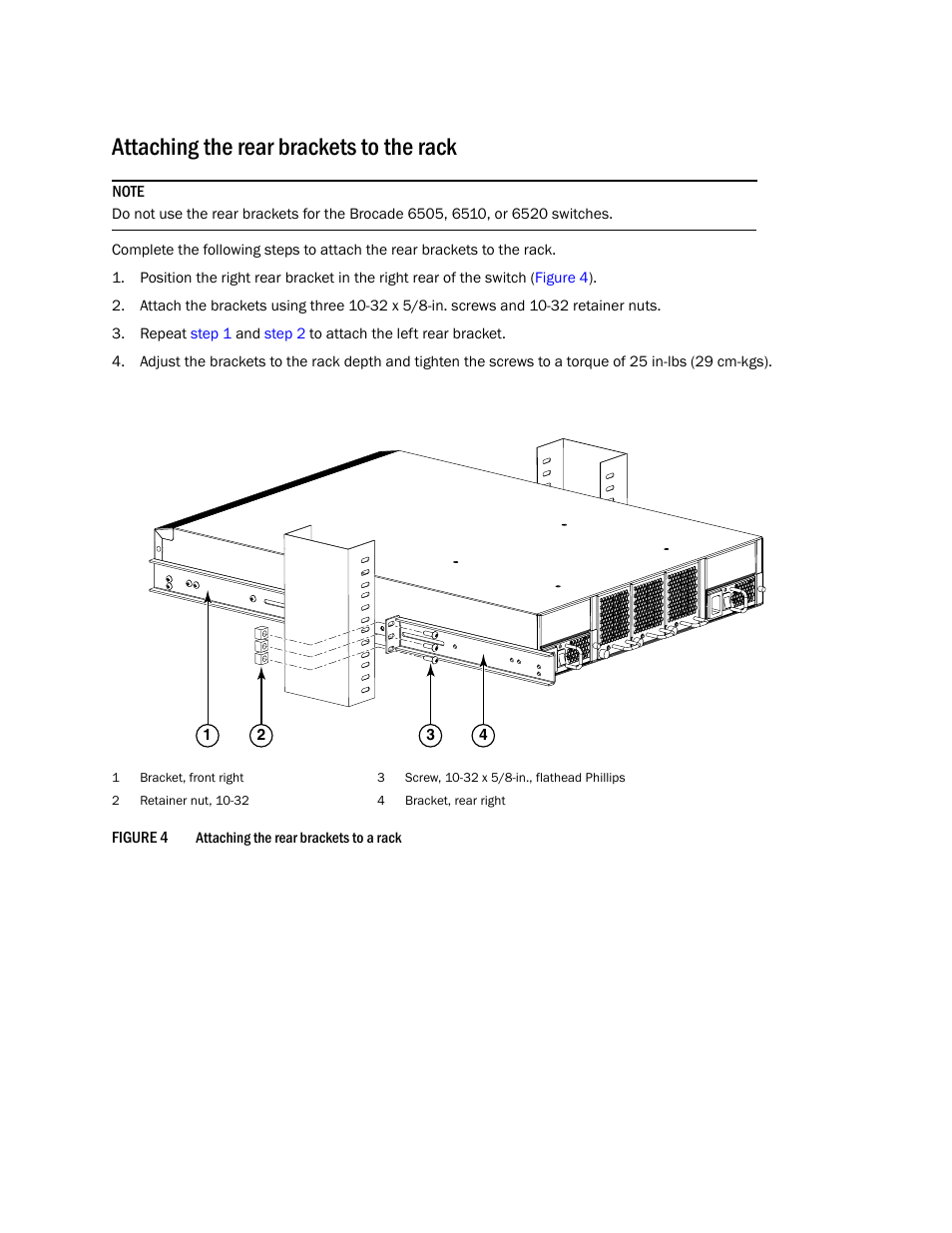 Attaching the rear brackets to the rack | Brocade Mid-Mount Rack Kit (Switch) Installation Procedure (Supporting 300, 5100, 5300, 6505, 6510, 6520, 7800, 8000, VA-40FC, VDX 6710-54, and VDX 6740) User Manual | Page 9 / 10