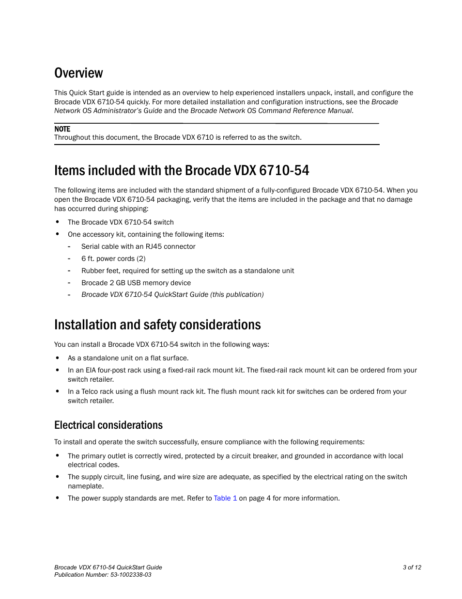 Overview, Items included with the brocade vdx 6710-54, Installation and safety considerations | Electrical considerations | Brocade VDX 6710-54 QuickStart Guide User Manual | Page 3 / 12