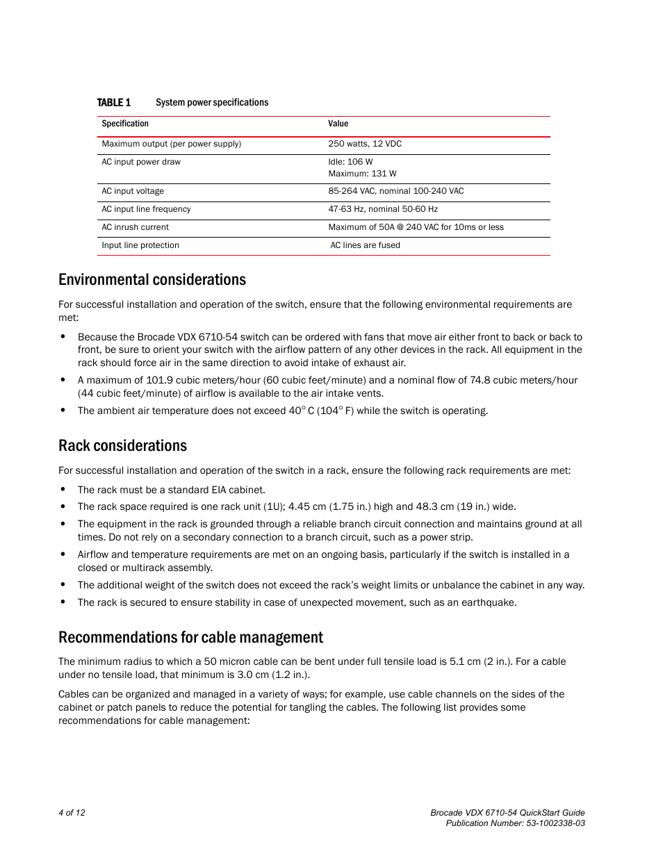 Environmental considerations, Rack considerations, Recommendations for cable management | Brocade VDX 6710-54 QuickStart Guide User Manual | Page 4 / 12