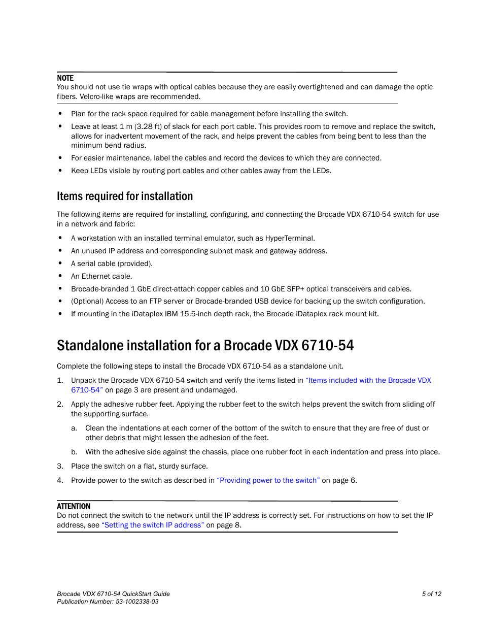 Items required for installation, Standalone installation for a brocade vdx 6710-54 | Brocade VDX 6710-54 QuickStart Guide User Manual | Page 5 / 12