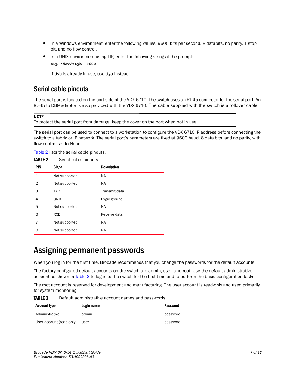 Serial cable pinouts, Assigning permanent passwords | Brocade VDX 6710-54 QuickStart Guide User Manual | Page 7 / 12