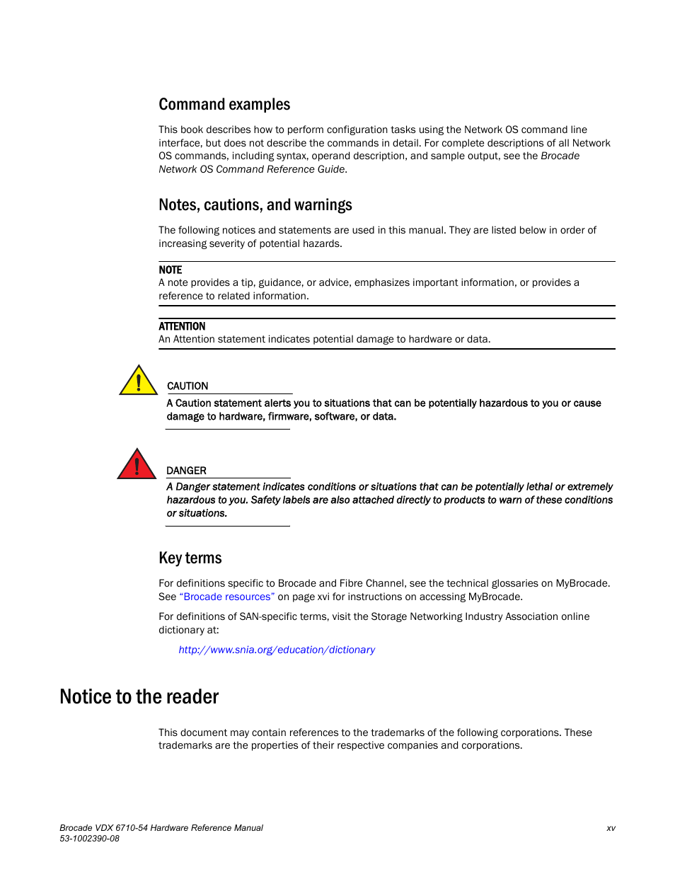 Notice to the reader, Command examples, Key terms | Brocade VDX 6710-54 Hardware Reference Manual User Manual | Page 15 / 72