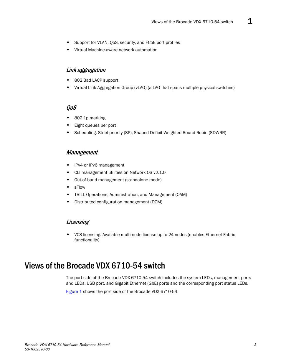 Views of the brocade vdx 6710-54 switch, Link aggregation, Management | Licensing | Brocade VDX 6710-54 Hardware Reference Manual User Manual | Page 21 / 72
