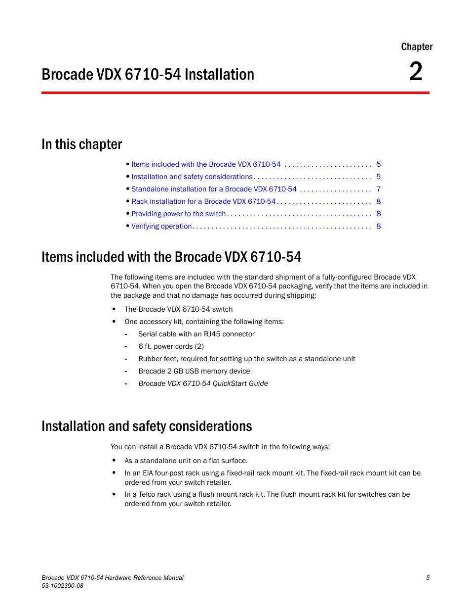 Brocade vdx 6710-54 installation, In this chapter, Items included with the brocade vdx 6710-54 | Installation and safety considerations, Chapter 2, Chapter 2, “brocade vdx 6710-54 installation | Brocade VDX 6710-54 Hardware Reference Manual User Manual | Page 23 / 72