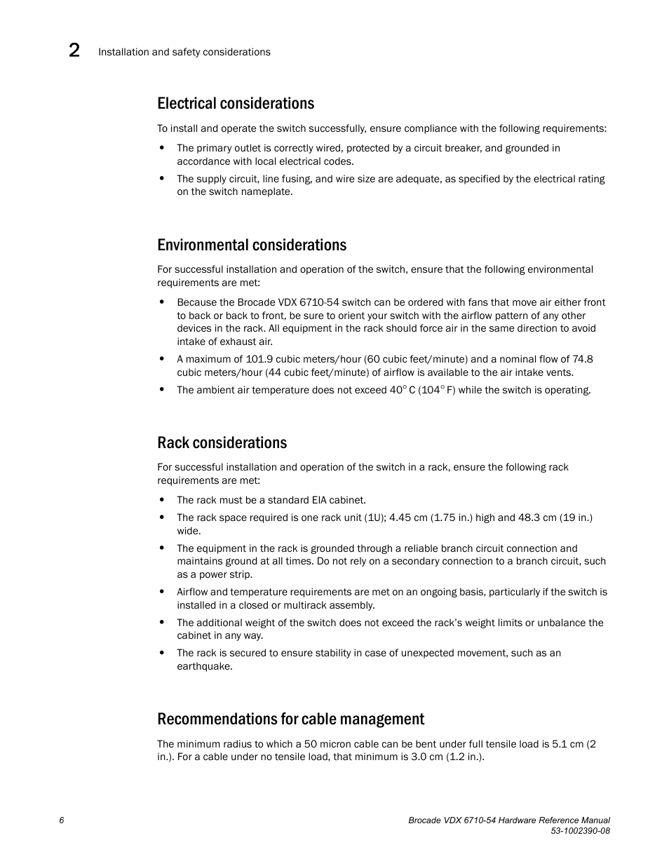 Electrical considerations, Environmental considerations, Rack considerations | Recommendations for cable management | Brocade VDX 6710-54 Hardware Reference Manual User Manual | Page 24 / 72