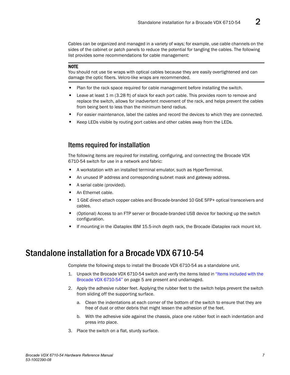 Items required for installation, Standalone installation for a brocade vdx 6710-54 | Brocade VDX 6710-54 Hardware Reference Manual User Manual | Page 25 / 72