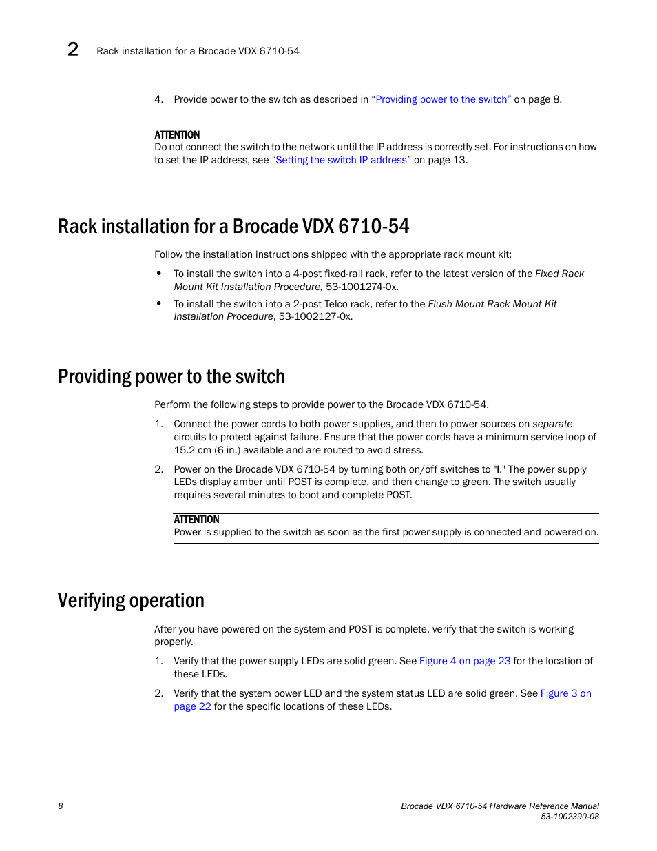 Rack installation for a brocade vdx 6710-54, Providing power to the switch, Verifying operation | Brocade VDX 6710-54 Hardware Reference Manual User Manual | Page 26 / 72
