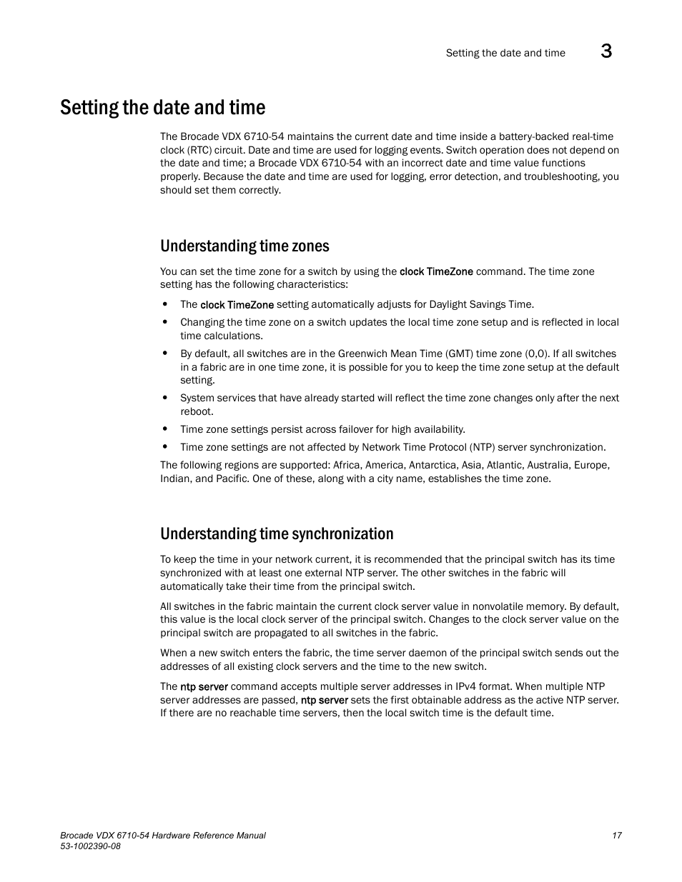Setting the date and time, Understanding time zones, Understanding time synchronization | Brocade VDX 6710-54 Hardware Reference Manual User Manual | Page 35 / 72