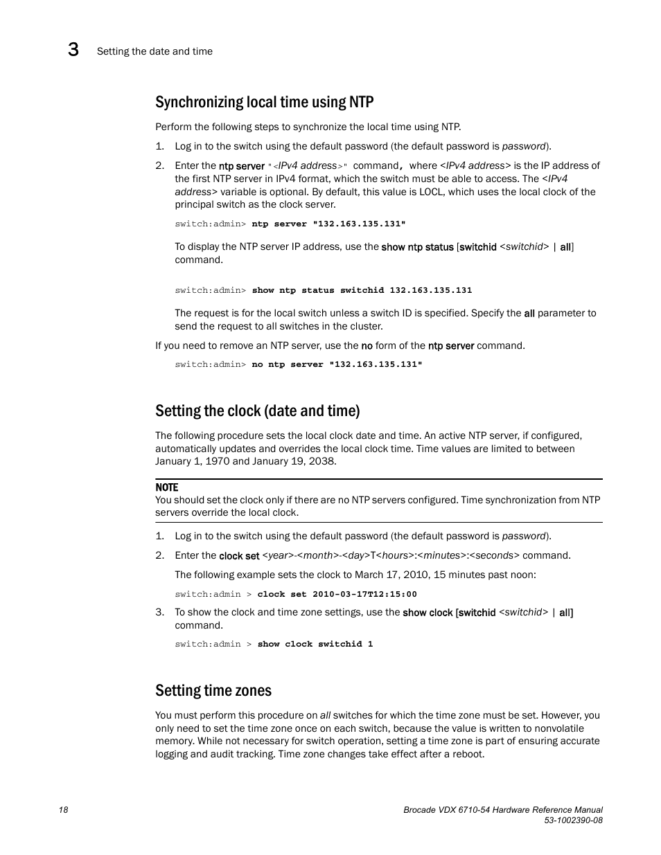 Synchronizing local time using ntp, Setting the clock (date and time), Setting time zones | Brocade VDX 6710-54 Hardware Reference Manual User Manual | Page 36 / 72