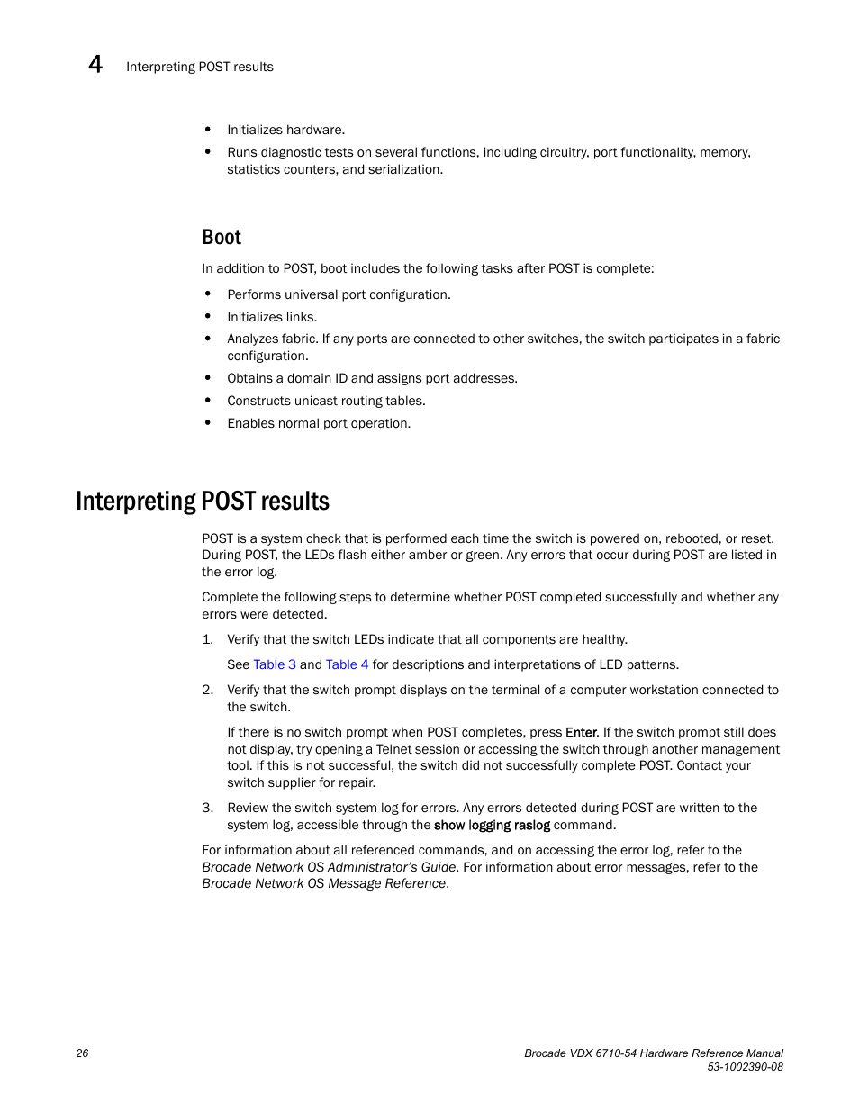 Boot, Interpreting post results | Brocade VDX 6710-54 Hardware Reference Manual User Manual | Page 44 / 72