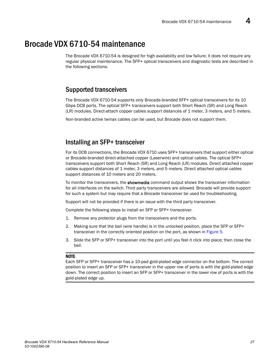 Brocade vdx 6710-54 maintenance, Supported transceivers, Installing an sfp+ transceiver | Brocade VDX 6710-54 Hardware Reference Manual User Manual | Page 45 / 72