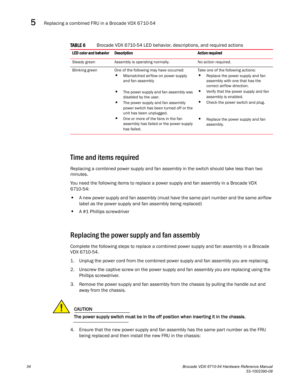 Time and items required, Replacing the power supply and fan assembly | Brocade VDX 6710-54 Hardware Reference Manual User Manual | Page 52 / 72