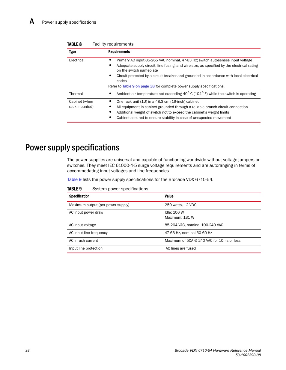 Power supply specifications, Table 8, Table 9 | Brocade VDX 6710-54 Hardware Reference Manual User Manual | Page 56 / 72