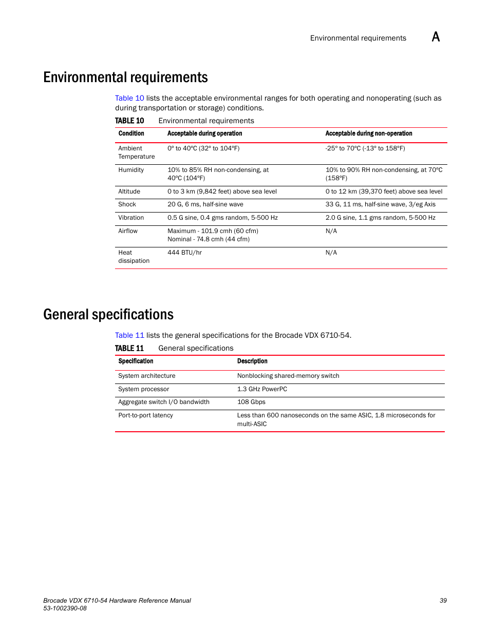 Environmental requirements, General specifications, Table 10 | Table 11 | Brocade VDX 6710-54 Hardware Reference Manual User Manual | Page 57 / 72
