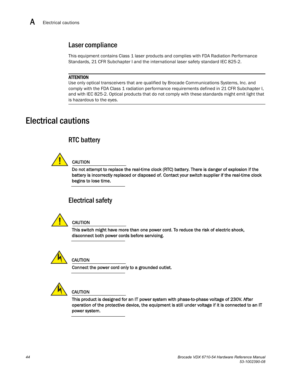 Laser compliance, Electrical cautions, Rtc battery | Electrical safety | Brocade VDX 6710-54 Hardware Reference Manual User Manual | Page 62 / 72