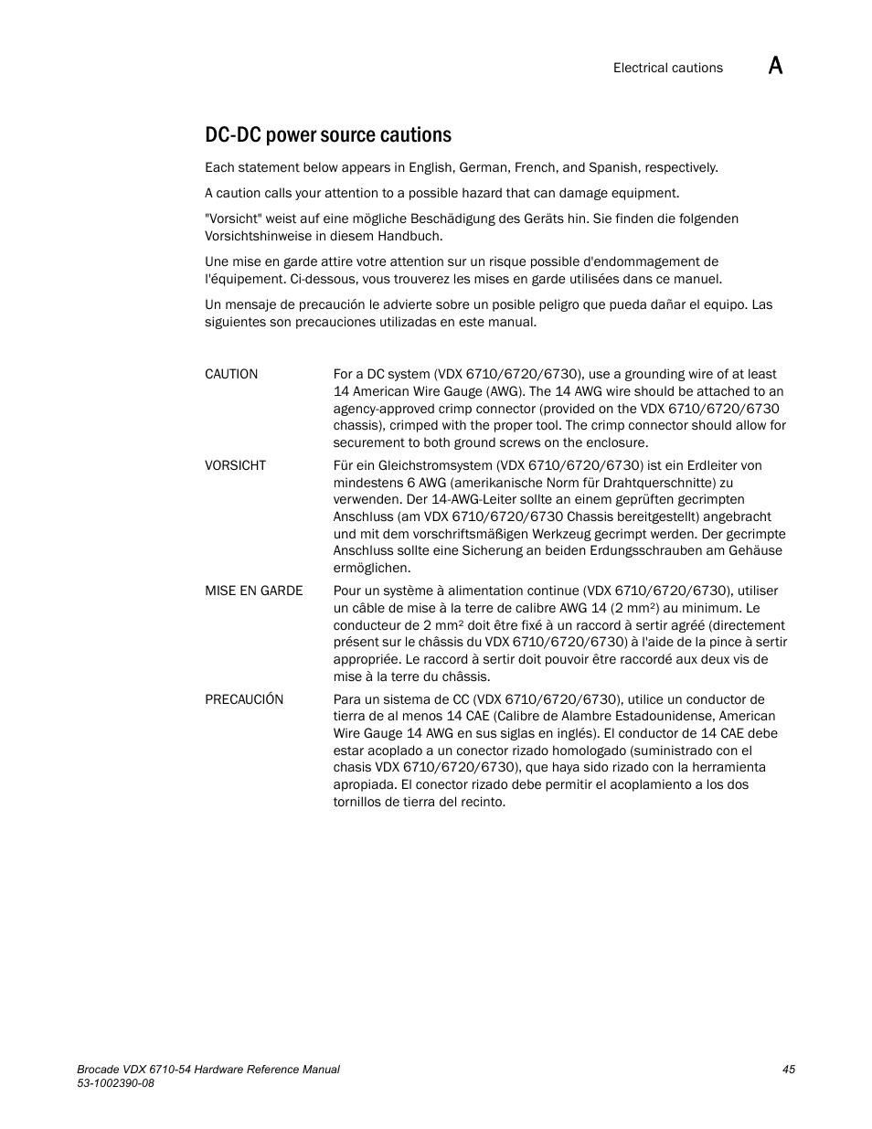 Dc-dc power source cautions | Brocade VDX 6710-54 Hardware Reference Manual User Manual | Page 63 / 72