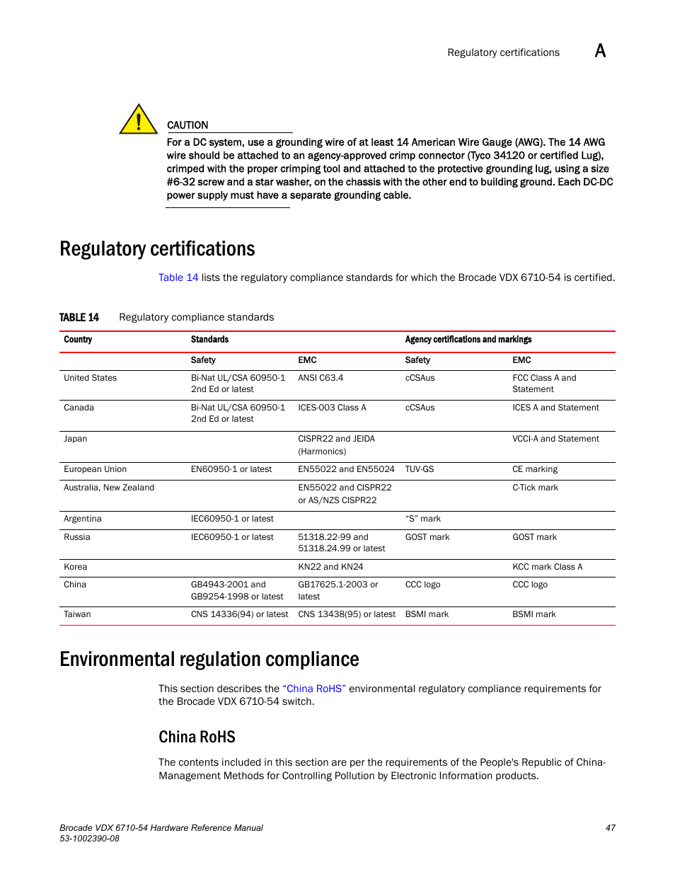 Regulatory certifications, Environmental regulation compliance, China rohs | Table 14 | Brocade VDX 6710-54 Hardware Reference Manual User Manual | Page 65 / 72
