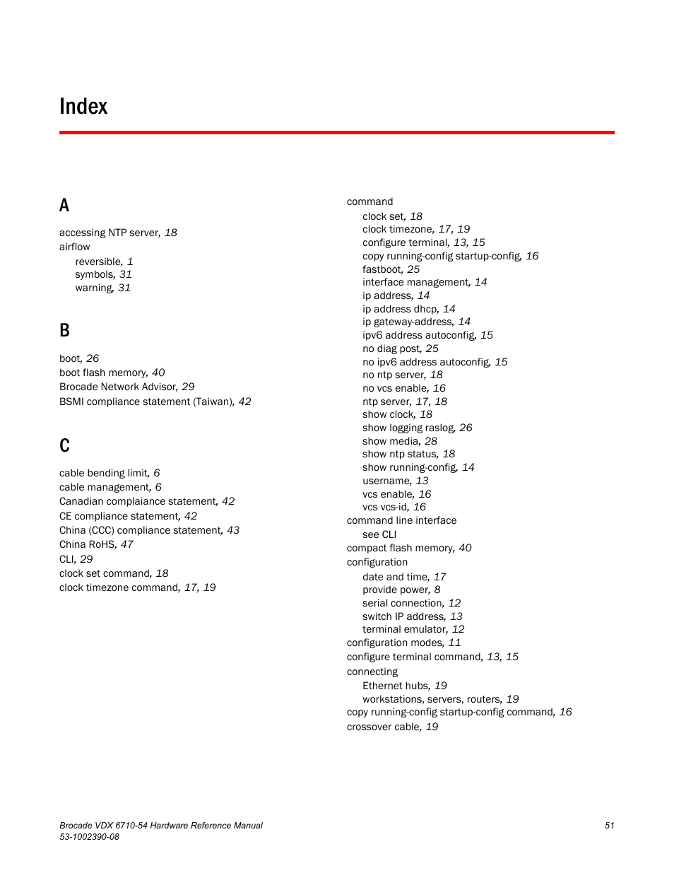 Index | Brocade VDX 6710-54 Hardware Reference Manual User Manual | Page 69 / 72