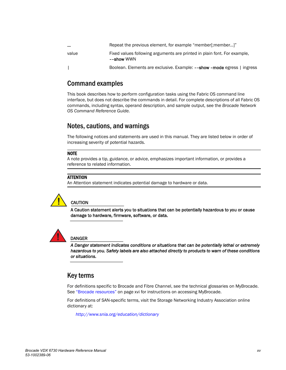 Command examples, Key terms | Brocade VDX 6730 Hardware Reference Manual (Supporting VDX 6730-32 and VDX 6730-76) User Manual | Page 15 / 90