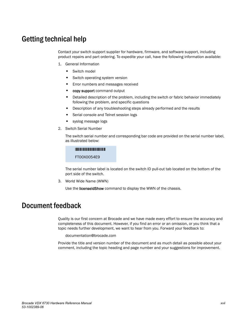 Getting technical help, Document feedback | Brocade VDX 6730 Hardware Reference Manual (Supporting VDX 6730-32 and VDX 6730-76) User Manual | Page 17 / 90