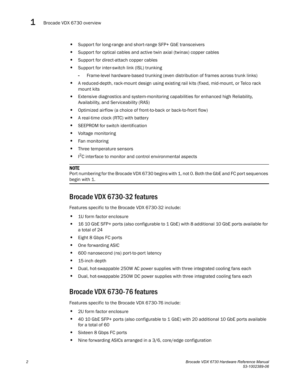 Brocade vdx 6730-32 features, Brocade vdx 6730-76 features | Brocade VDX 6730 Hardware Reference Manual (Supporting VDX 6730-32 and VDX 6730-76) User Manual | Page 20 / 90