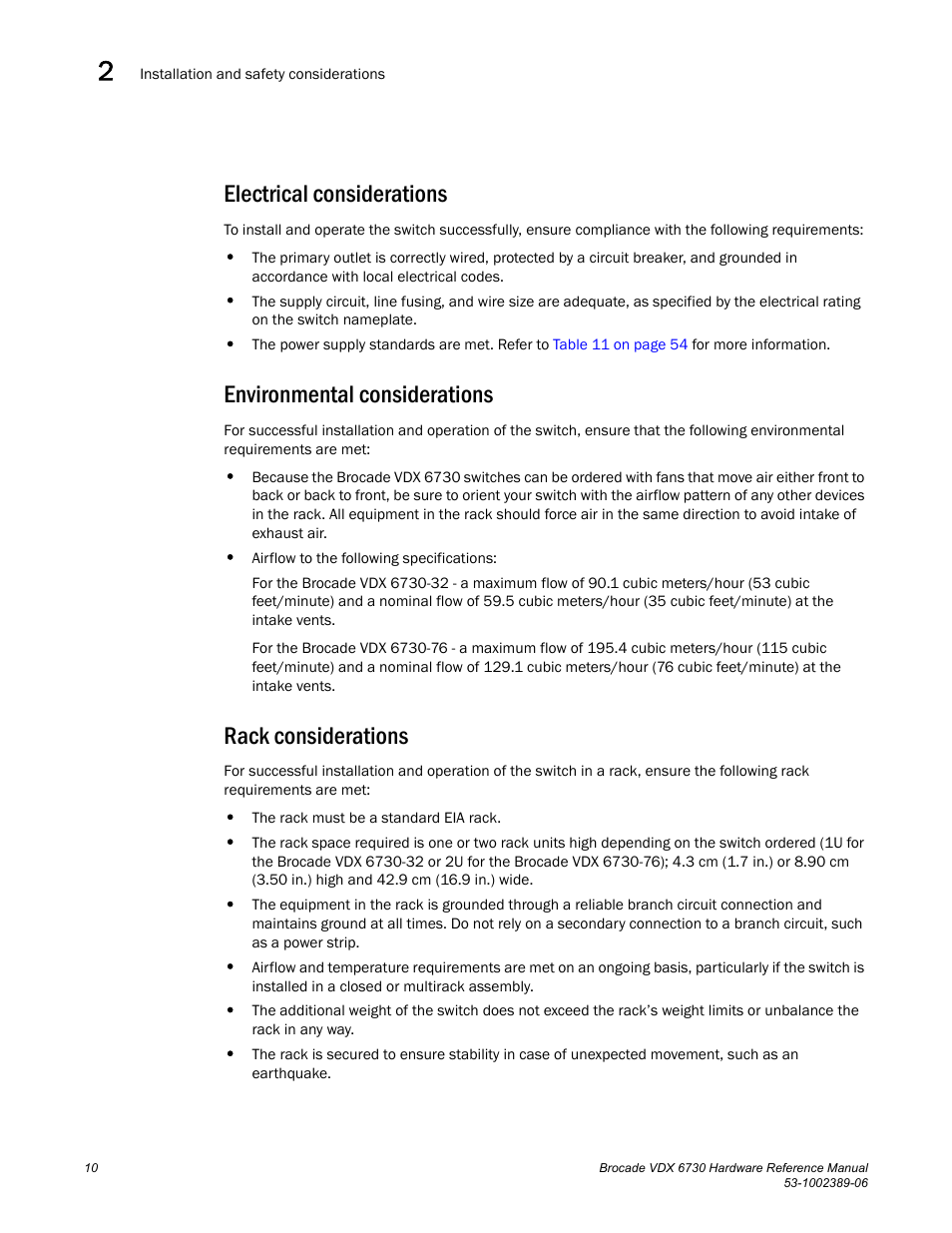 Electrical considerations, Environmental considerations, Rack considerations | Brocade VDX 6730 Hardware Reference Manual (Supporting VDX 6730-32 and VDX 6730-76) User Manual | Page 28 / 90