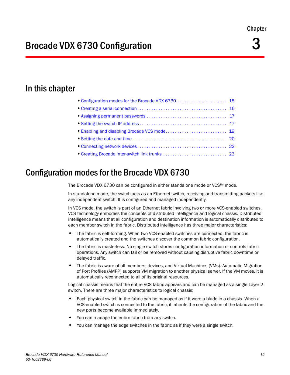 Brocade vdx 6730 configuration, In this chapter, Configuration modes for the brocade vdx 6730 | Chapter 3, Chapter 3, “brocade vdx 6730 configuration | Brocade VDX 6730 Hardware Reference Manual (Supporting VDX 6730-32 and VDX 6730-76) User Manual | Page 33 / 90