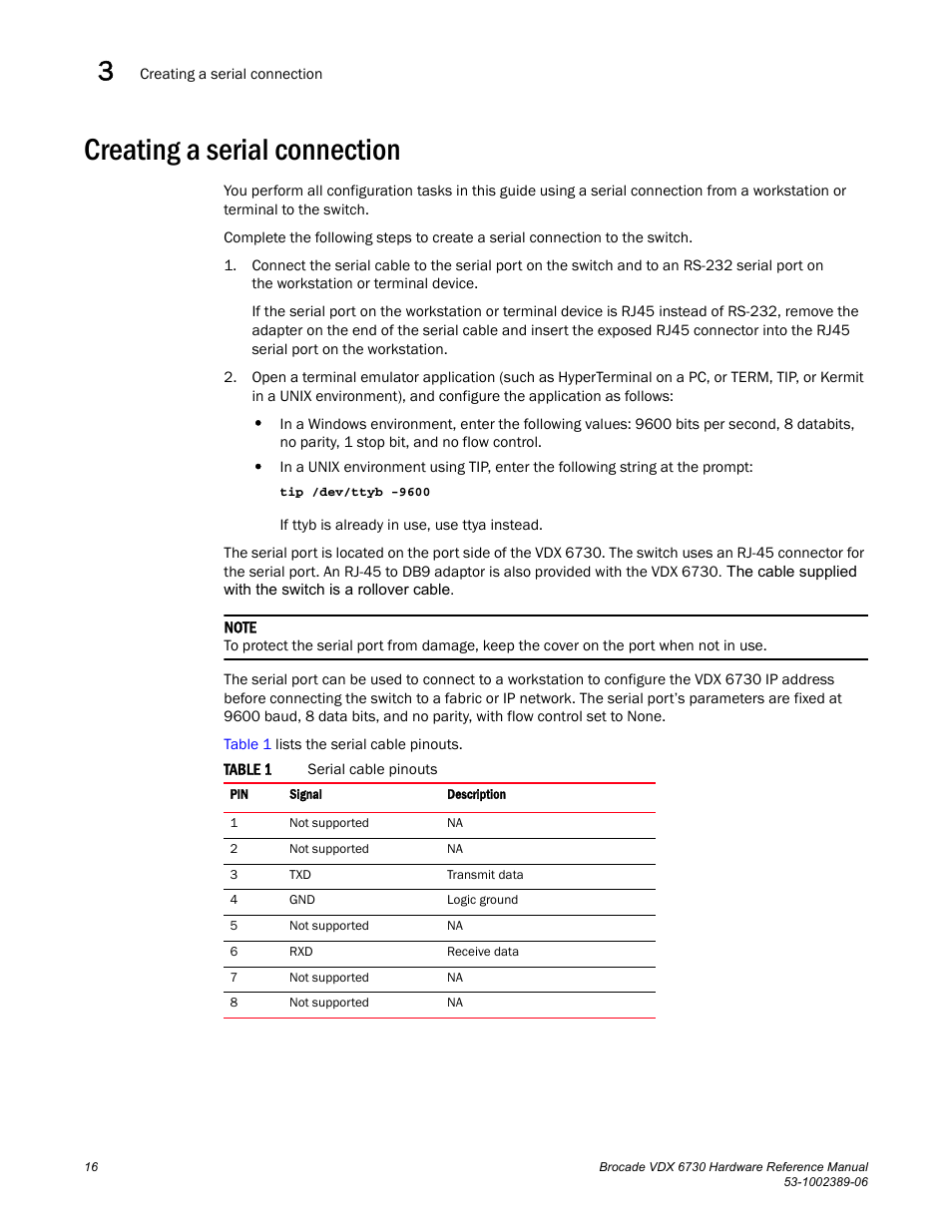 Creating a serial connection, Table 1 | Brocade VDX 6730 Hardware Reference Manual (Supporting VDX 6730-32 and VDX 6730-76) User Manual | Page 34 / 90