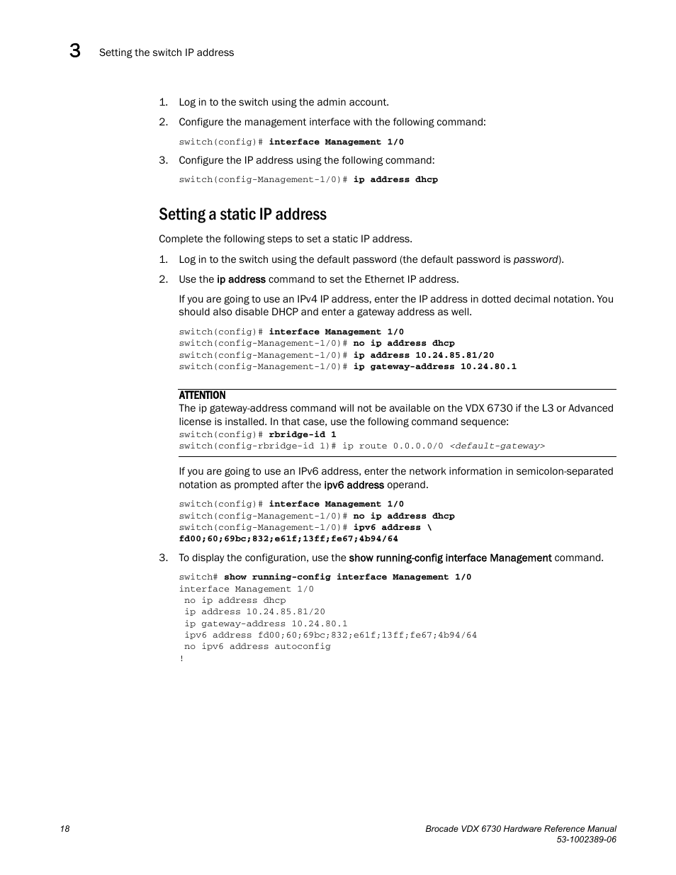 Setting a static ip address | Brocade VDX 6730 Hardware Reference Manual (Supporting VDX 6730-32 and VDX 6730-76) User Manual | Page 36 / 90