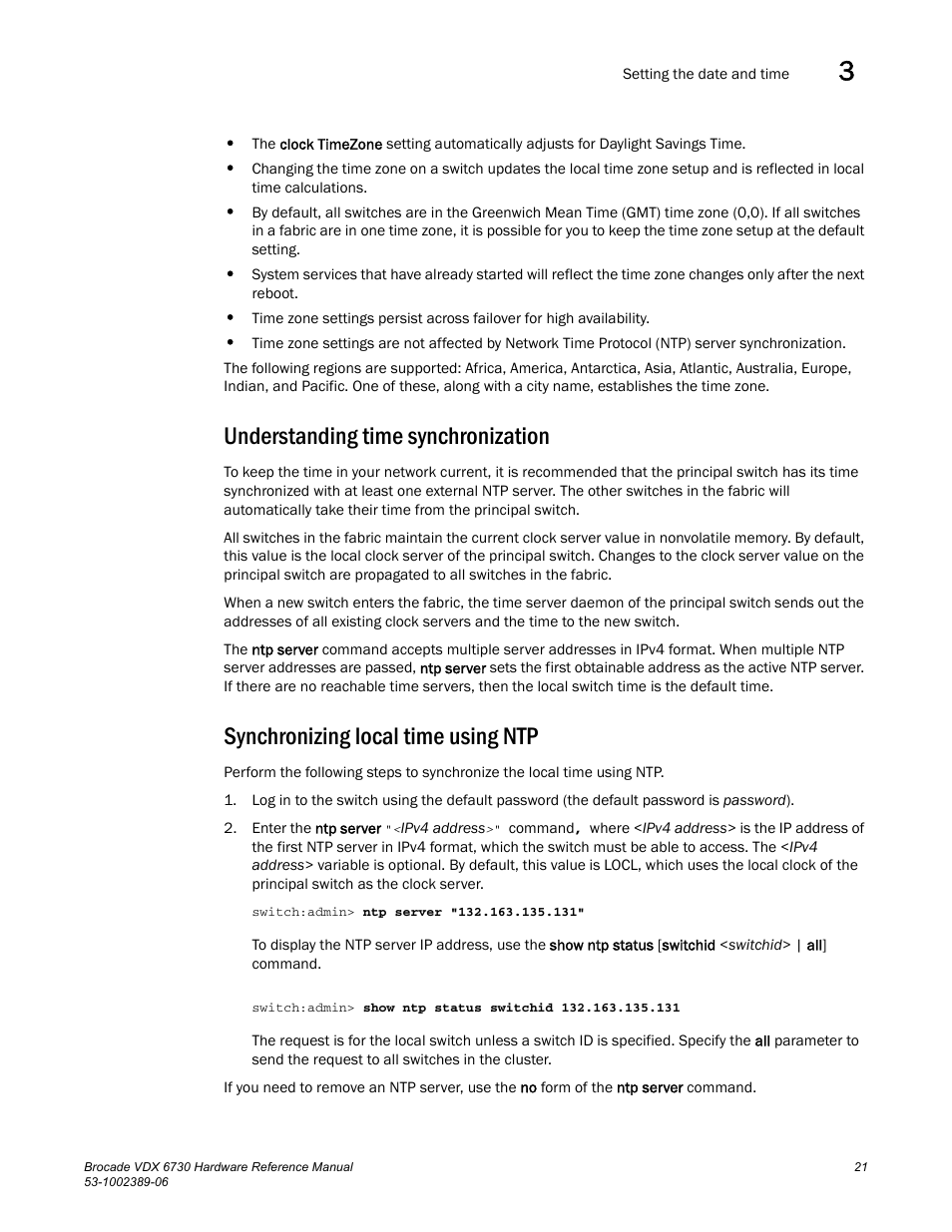 Understanding time synchronization, Synchronizing local time using ntp | Brocade VDX 6730 Hardware Reference Manual (Supporting VDX 6730-32 and VDX 6730-76) User Manual | Page 39 / 90