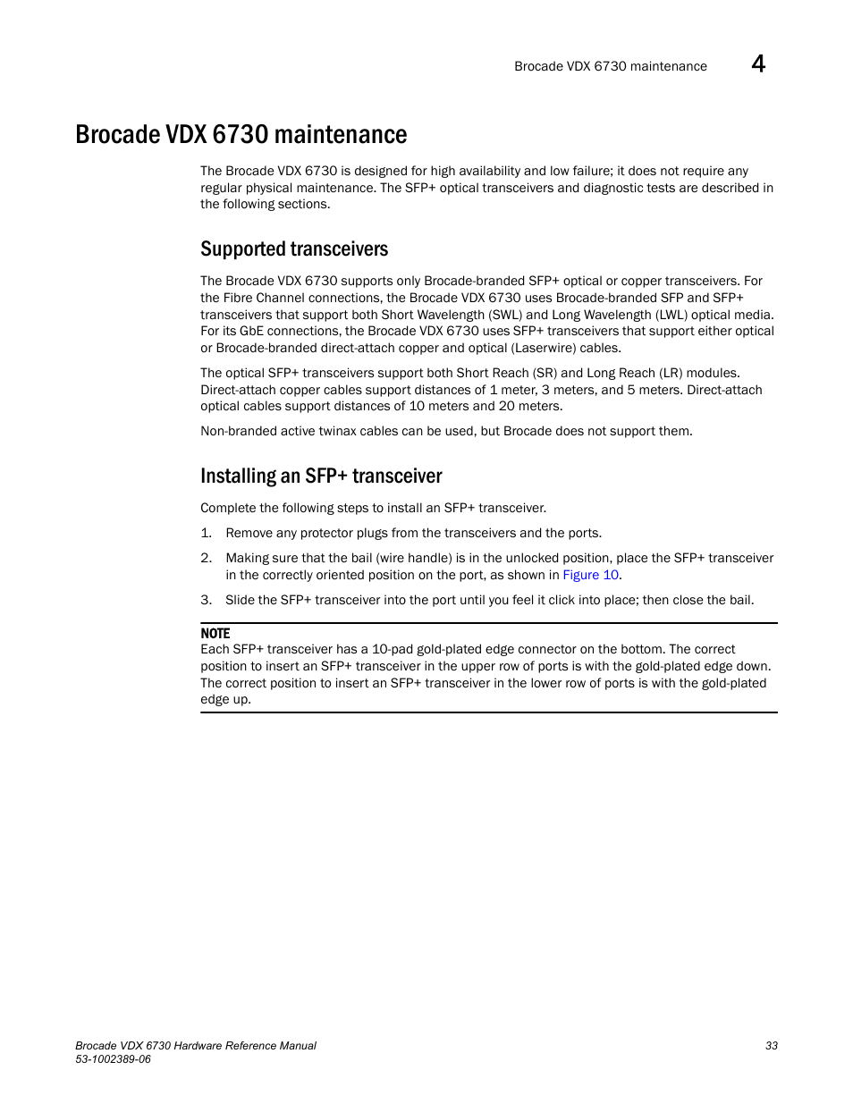 Brocade vdx 6730 maintenance, Supported transceivers, Installing an sfp+ transceiver | Brocade VDX 6730 Hardware Reference Manual (Supporting VDX 6730-32 and VDX 6730-76) User Manual | Page 51 / 90