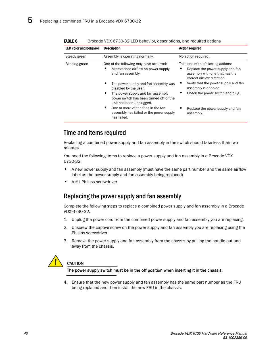 Time and items required, Replacing the power supply and fan assembly | Brocade VDX 6730 Hardware Reference Manual (Supporting VDX 6730-32 and VDX 6730-76) User Manual | Page 58 / 90