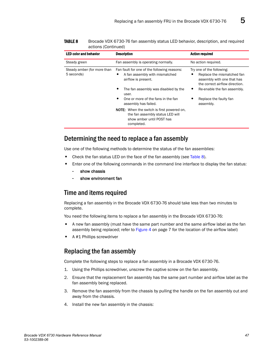 Determining the need to replace a fan assembly, Time and items required, Replacing the fan assembly | Brocade VDX 6730 Hardware Reference Manual (Supporting VDX 6730-32 and VDX 6730-76) User Manual | Page 65 / 90