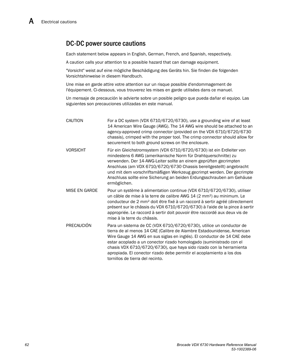 Dc-dc power source cautions | Brocade VDX 6730 Hardware Reference Manual (Supporting VDX 6730-32 and VDX 6730-76) User Manual | Page 80 / 90