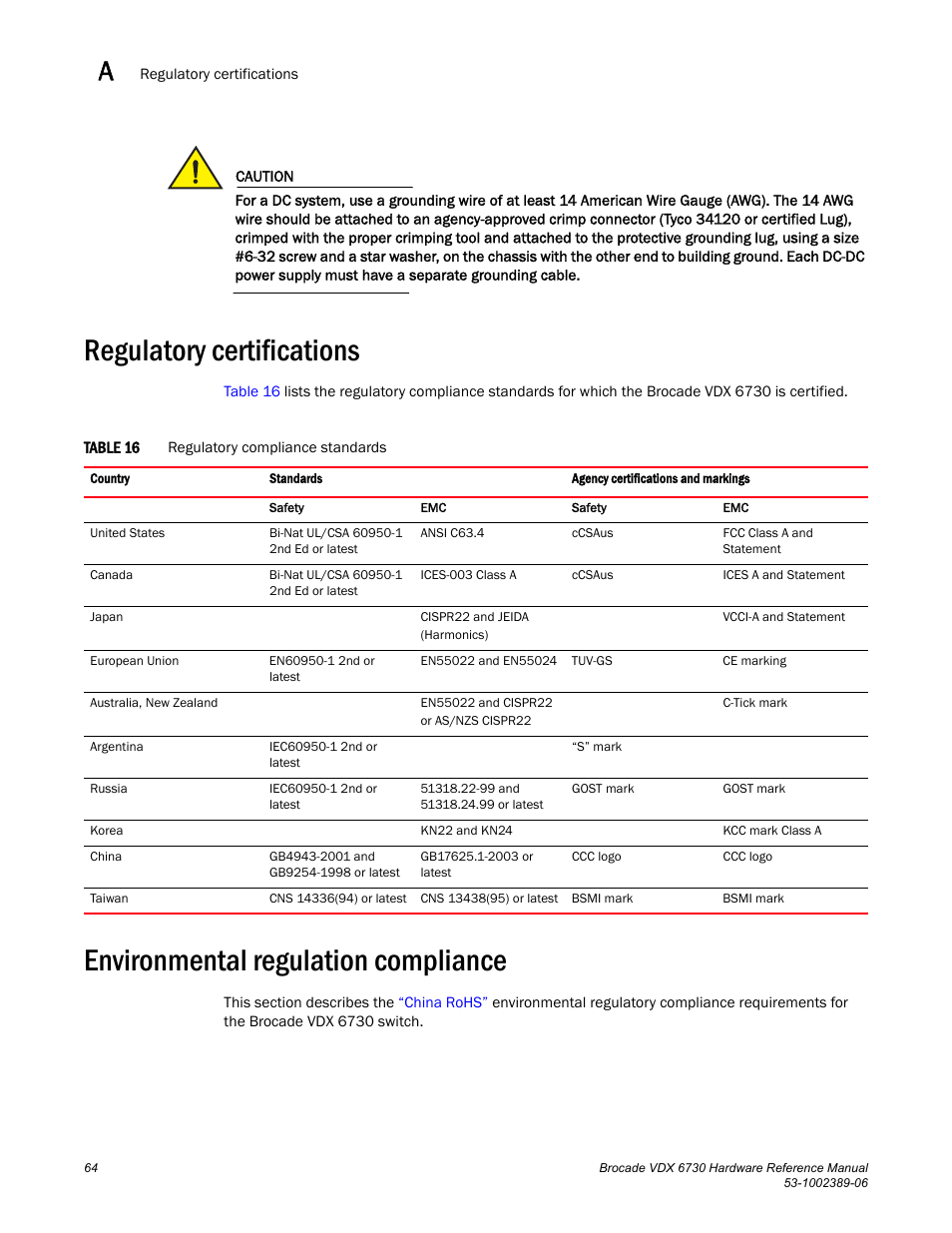 Regulatory certifications, Environmental regulation compliance, Table 16 | Brocade VDX 6730 Hardware Reference Manual (Supporting VDX 6730-32 and VDX 6730-76) User Manual | Page 82 / 90