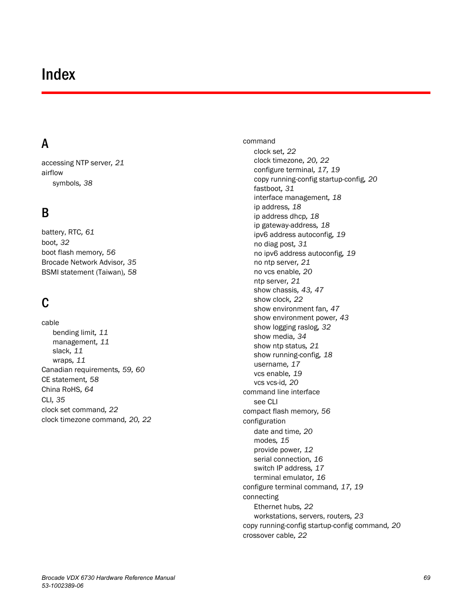 Index | Brocade VDX 6730 Hardware Reference Manual (Supporting VDX 6730-32 and VDX 6730-76) User Manual | Page 87 / 90