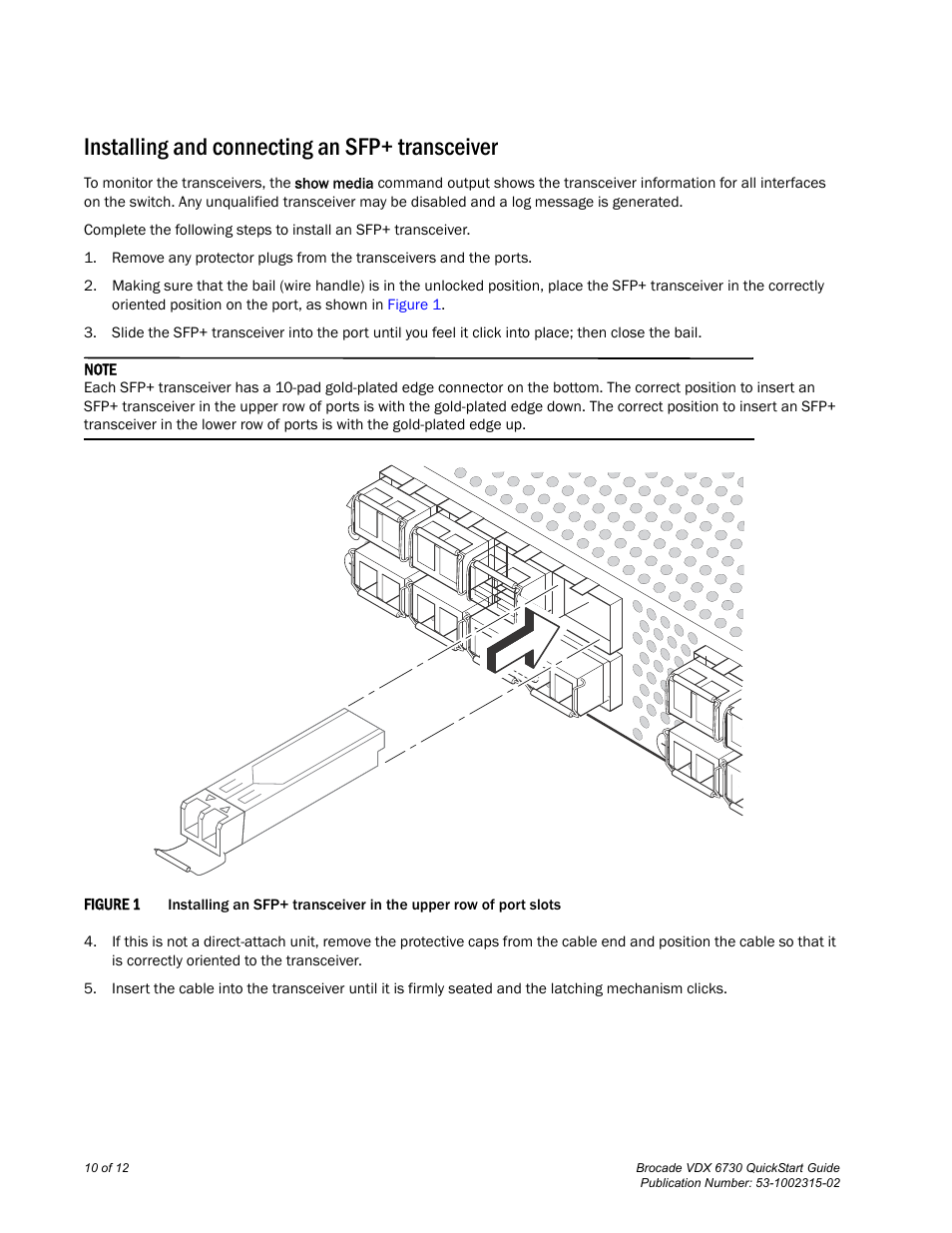 Installing and connecting an sfp+ transceiver | Brocade VDX 6730 QuickStart Guide (Supporting VDX 6730-32 and VDX 6730-76) User Manual | Page 10 / 12