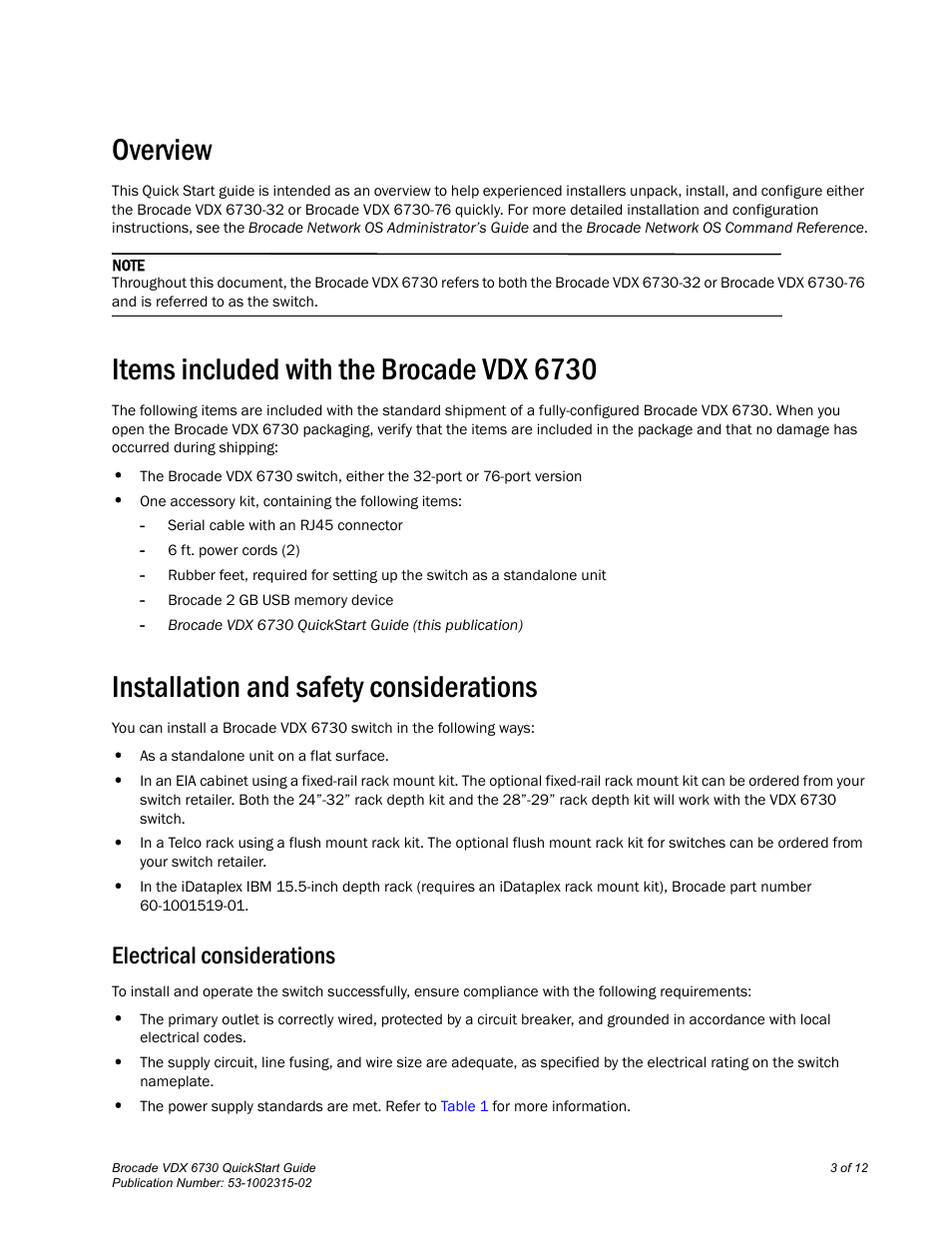 Overview, Items included with the brocade vdx 6730, Installation and safety considerations | Electrical considerations | Brocade VDX 6730 QuickStart Guide (Supporting VDX 6730-32 and VDX 6730-76) User Manual | Page 3 / 12