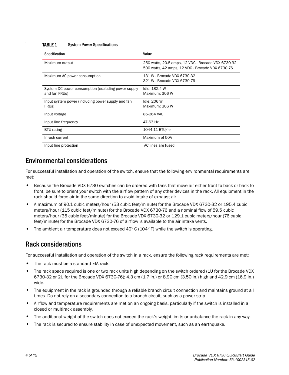 Environmental considerations, Rack considerations | Brocade VDX 6730 QuickStart Guide (Supporting VDX 6730-32 and VDX 6730-76) User Manual | Page 4 / 12