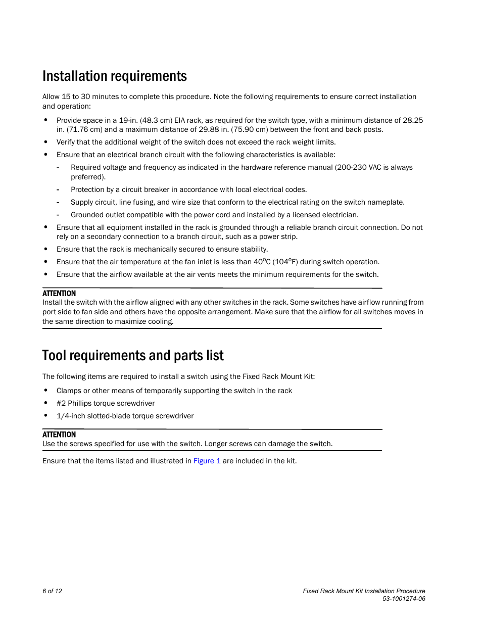 Installation requirements, Tool requirements and parts list | Brocade Fixed Rack Mount Kit Installation Procedure (Supporting VA-40FC, VDX 6710-54, VDX 6720-24, VDX 6720-60, VDX 6730-32, and VDX 6730-76) User Manual | Page 6 / 12