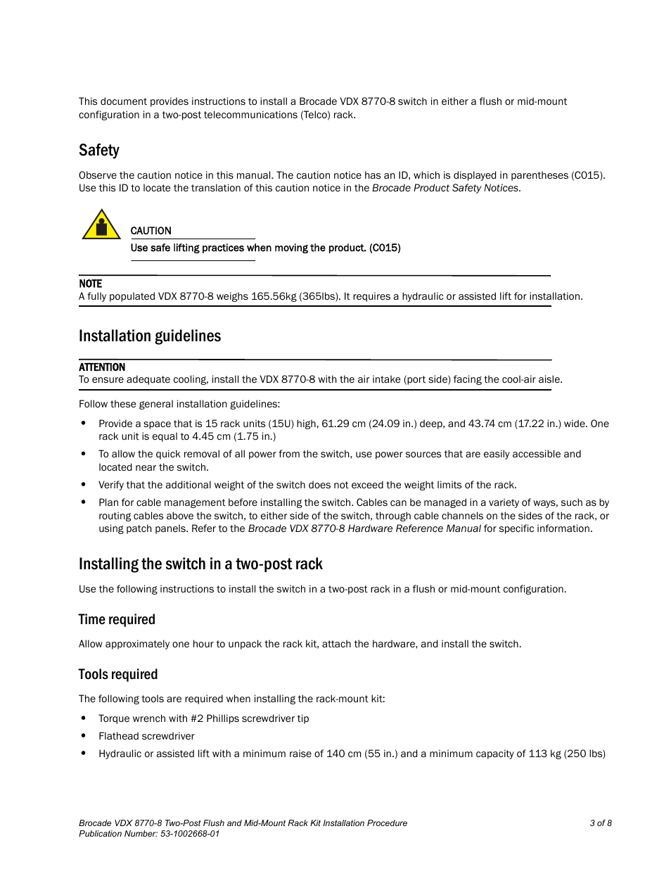 Safety, Installation guidelines, Installing the switch in a two-post rack | Time required, Tools required | Brocade VDX 8770-8 Two-Post Flush and Mid-Mount Rack Kit Installation Procedure User Manual | Page 3 / 8